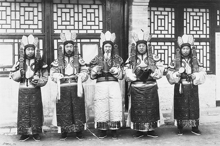 Photo from Berthold Laufer collection used by permission of the American Museum of Natural History (#336284). Titled “Sacred dance of five lamas, China.” (ca 1901. – 1904). 