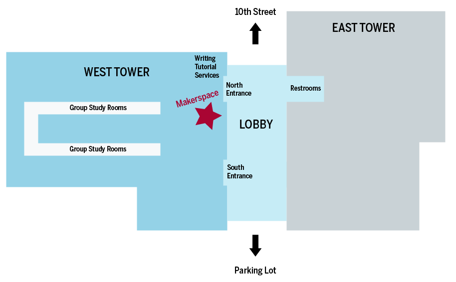 Map that shows the location of the Makerspace on the 1st floor of the West Tower of the library.