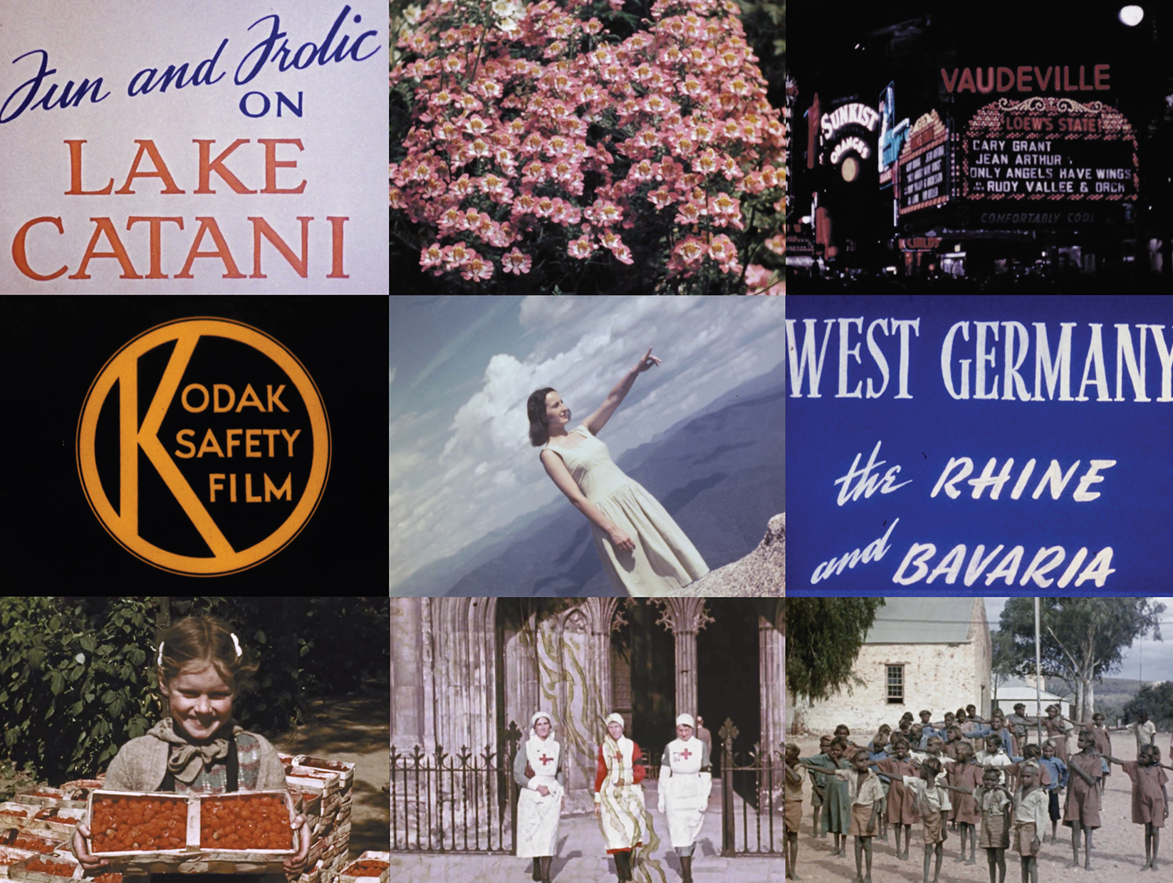 collage of home movies and title cards showing a young woman and children