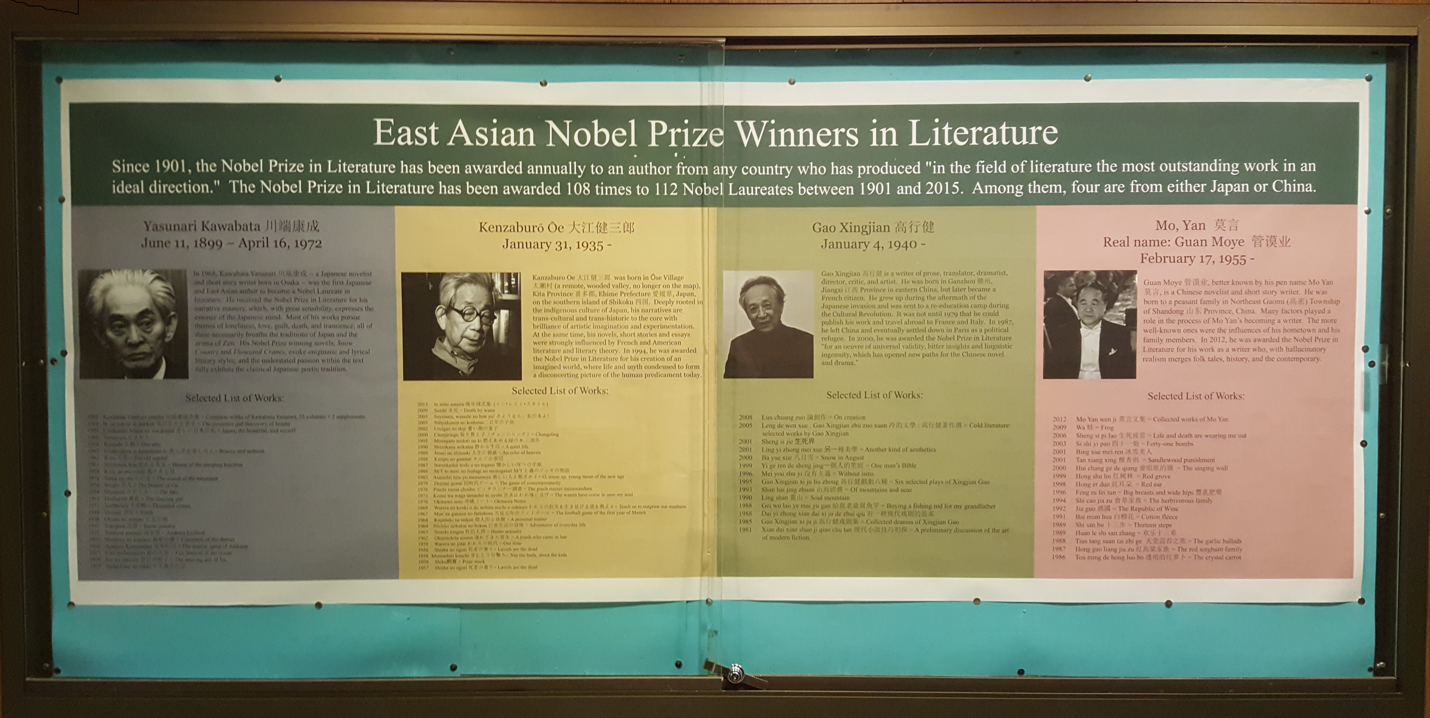 Color photograph of a display case showing East Asian Nobel Prize Winners in Literature