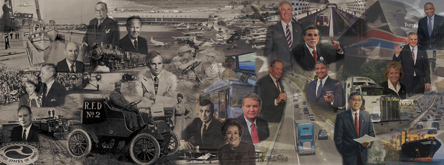 Collage image showing directors of the department of transportation and images of cars, trains, and other vehicles