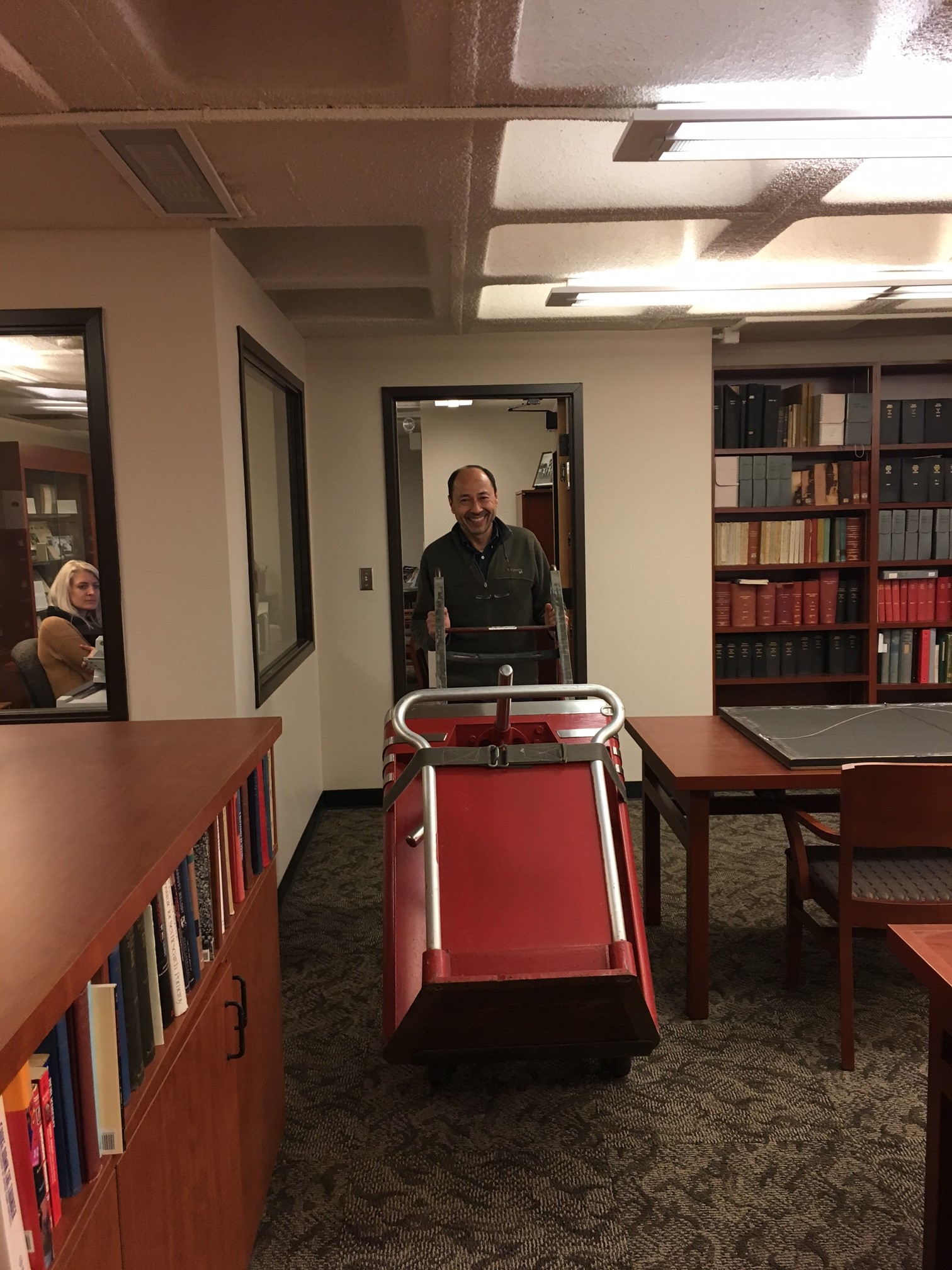 Jim Champion, IU Libraries Facilities and Renovation Officer, wheels in turnstile #14