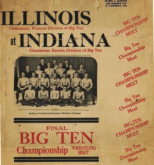 poster for 1930 Big Ten Championship wrestling meet between Illinois and Indiana, featuring a team photograph and photos of individual players and coach