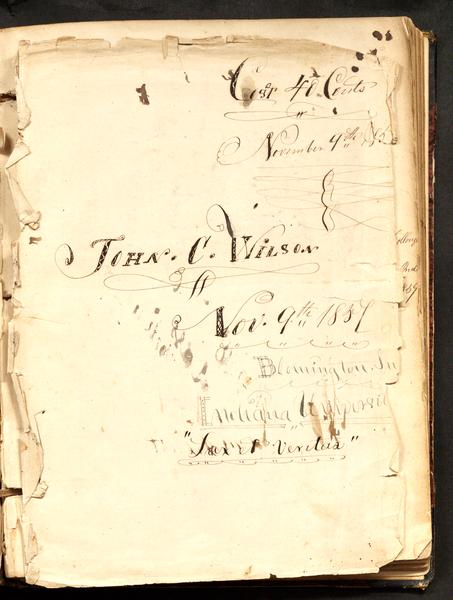 Title page from John C. Wilson diary, IU student in 1857-58