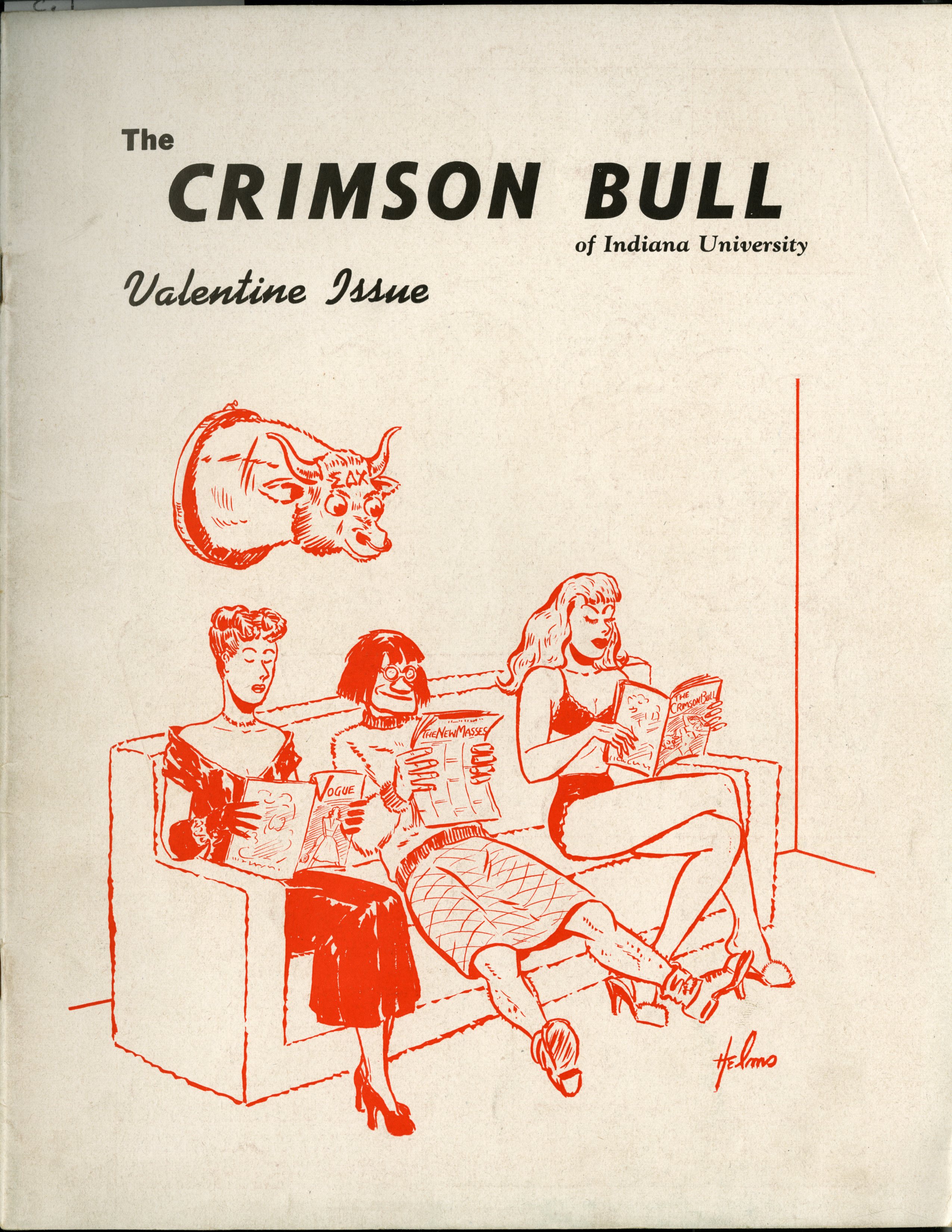 Cover of the 1948 Crimson Bull student magazine, featuring three women reading on a couch.