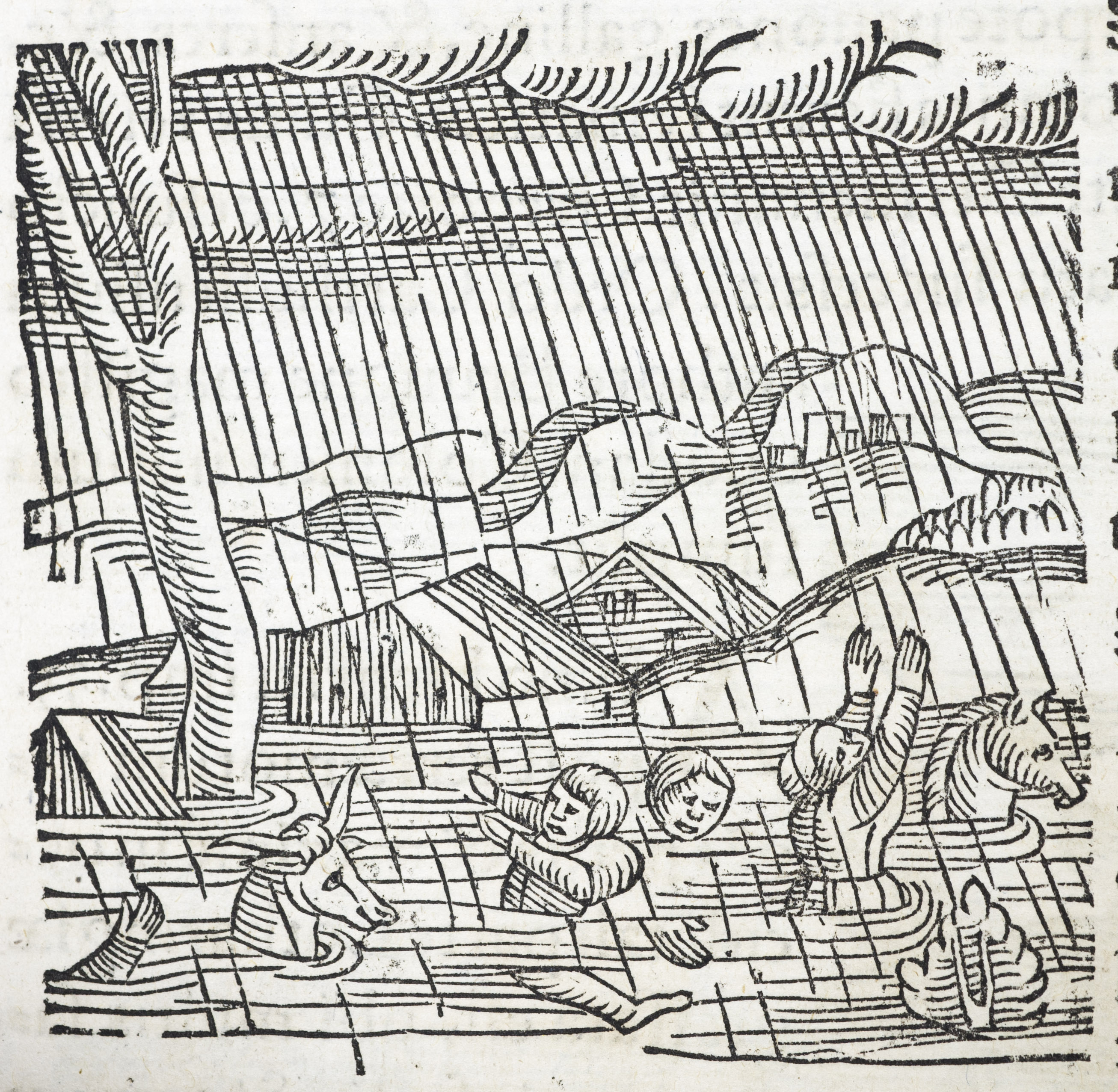 Woodcut image of people and animals swept away in a flood.
