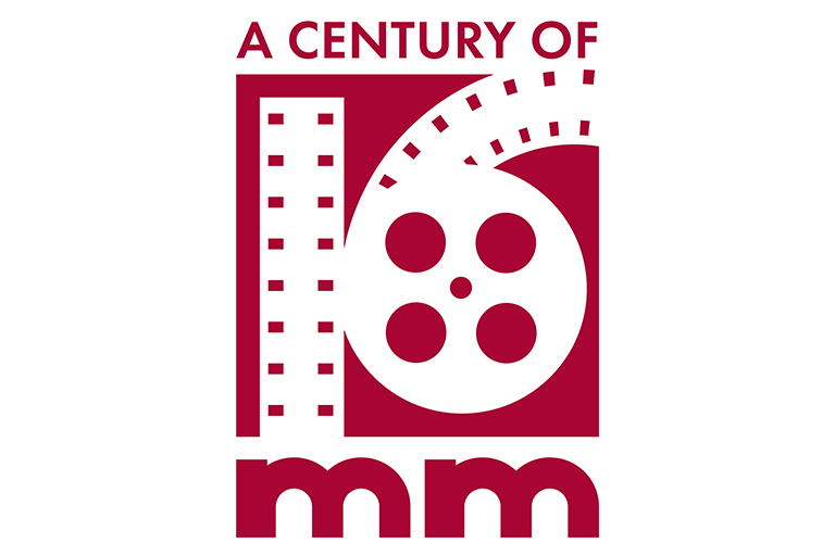 Logo for "A Century of 16mm." The "1" in "16" looks like a strip of film and the "6" looks like a film reel unspooling.