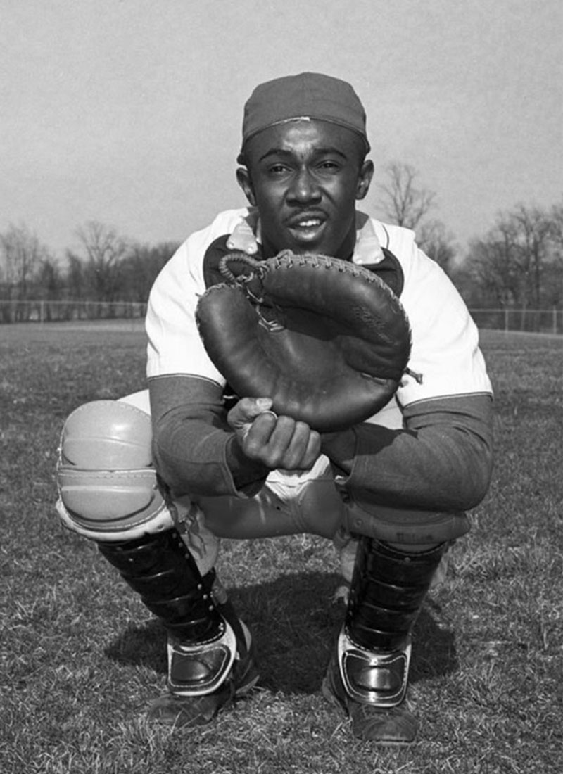 Eddie Whitehead, IU's first Black baseball player, in his baseball catcher's uniform on March 20, 1956.