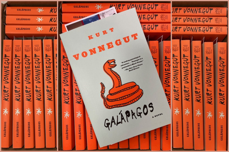Multiple copies of the book "Galapagos." Most are displayed spine-out and one on top shows the cover, which depicts a cartoon-style snake.