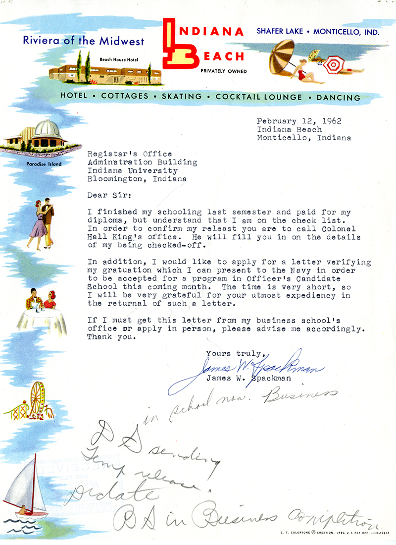 Scan of letter with Indiana Beach letterhead from February 12, 1962.