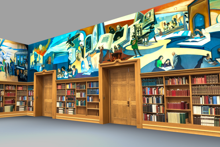 A view of the Lilly Library reading room highlighting the new murals.