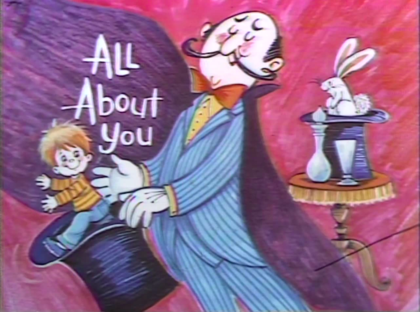 Shows a illustration of a magician pulling a child out of a hat with the title All About You