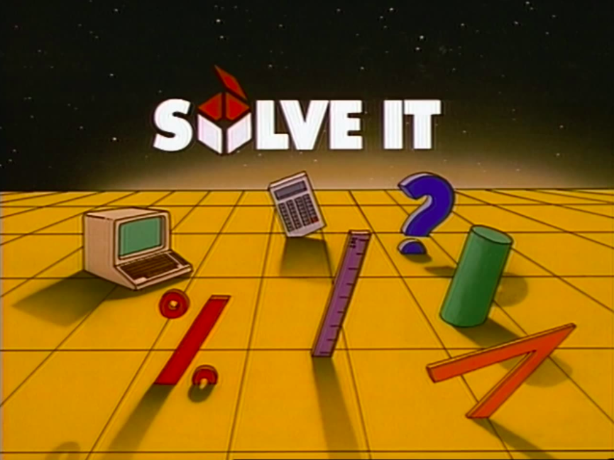 Solve it title screen showing graphics of math tools, like rulers, protractors, calculators.