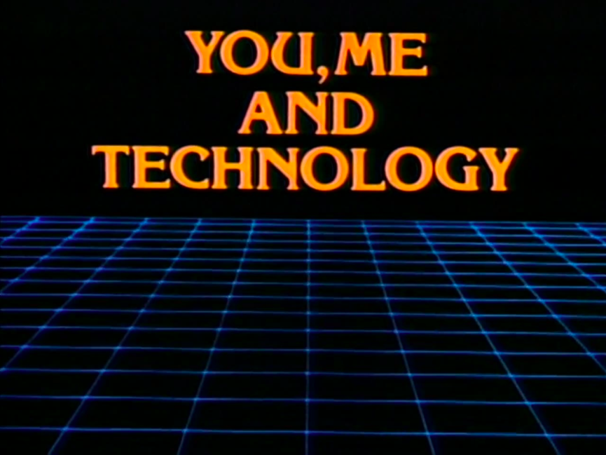 Title screen for You, Me, and Technology showing yellow lettering and three dimensional graphic plane.
