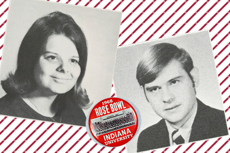 Image shows black and white headshots of BJ and Bob Kaufman from their college days at IU
