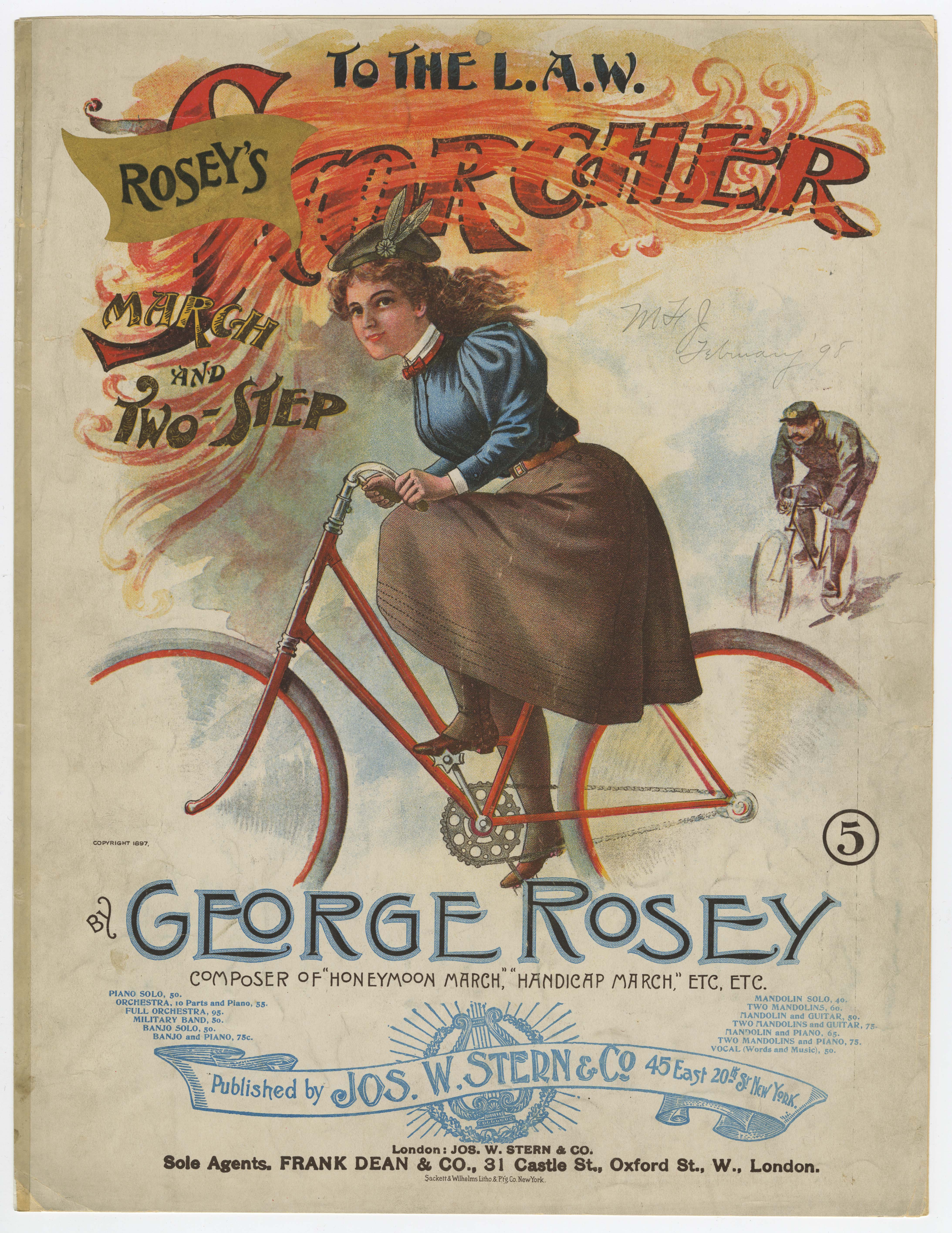 Image of a woman riding a bicycle, wearing 19th century clothing