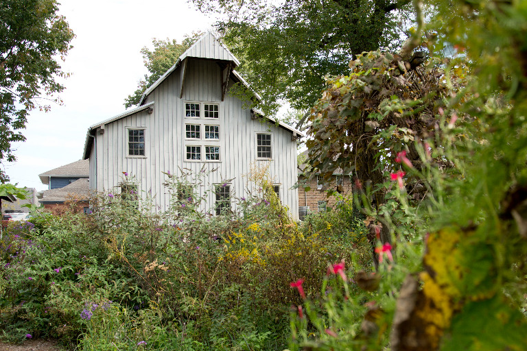 The barn at the Wylie House Museum, surrounded by overgrown gardens.