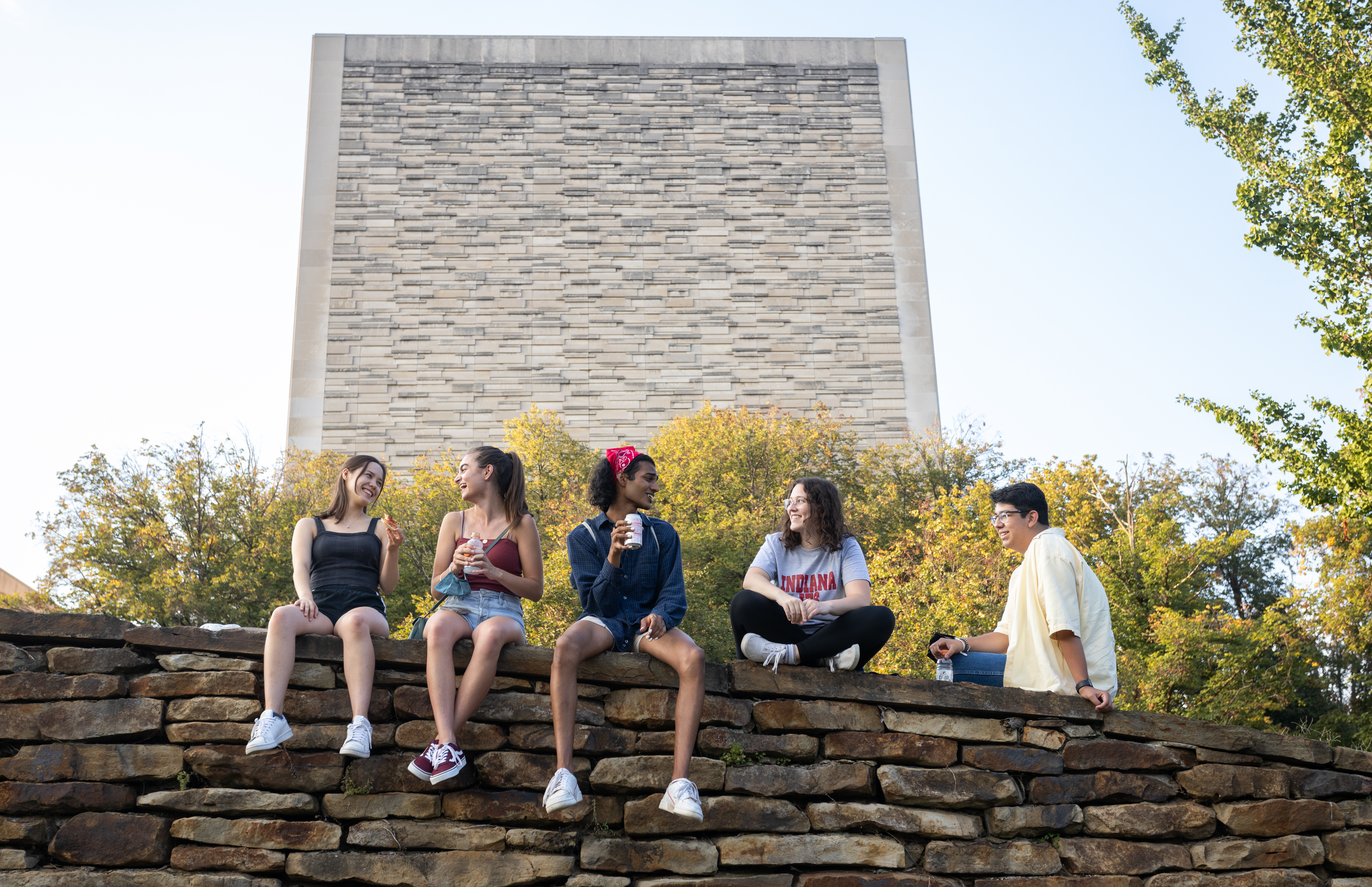 Five young people sit on a rock wall and talk. Behind them is the East tower of the Wells Library. 