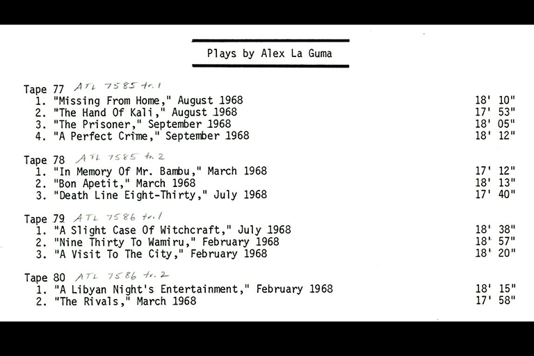A image that shows the typed catalog list of plays by La Guma held by IU Libraries