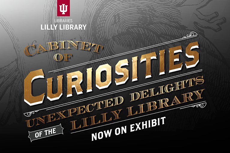 Image text says "Cabinet of Curiosities" and advertises a new exhibition at the Lilly Library