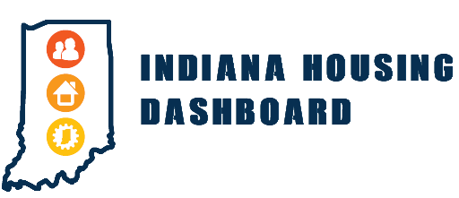 Logo for the Indiana Housing Dashboard. Logo reads: "Indiana Housing Dashboard". The logo is a white outline of the state of Indiana. Inside the state outline are three circular icons. The top red-orange icon contains two figures representing people, the middle orange icon contains a house, and the bottom yellow icon contains a gear.