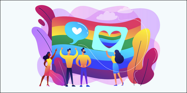 A rainbow is the background for an illustration of people holding hearts