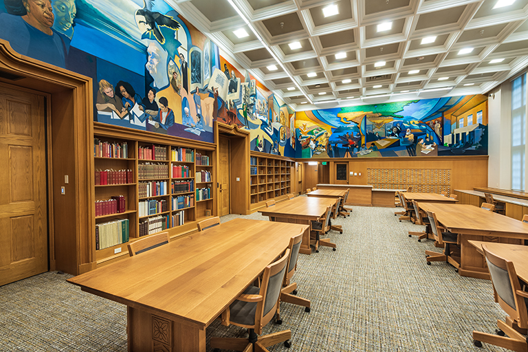 Image of the Lilly Library Reading Room with 2021 murals 