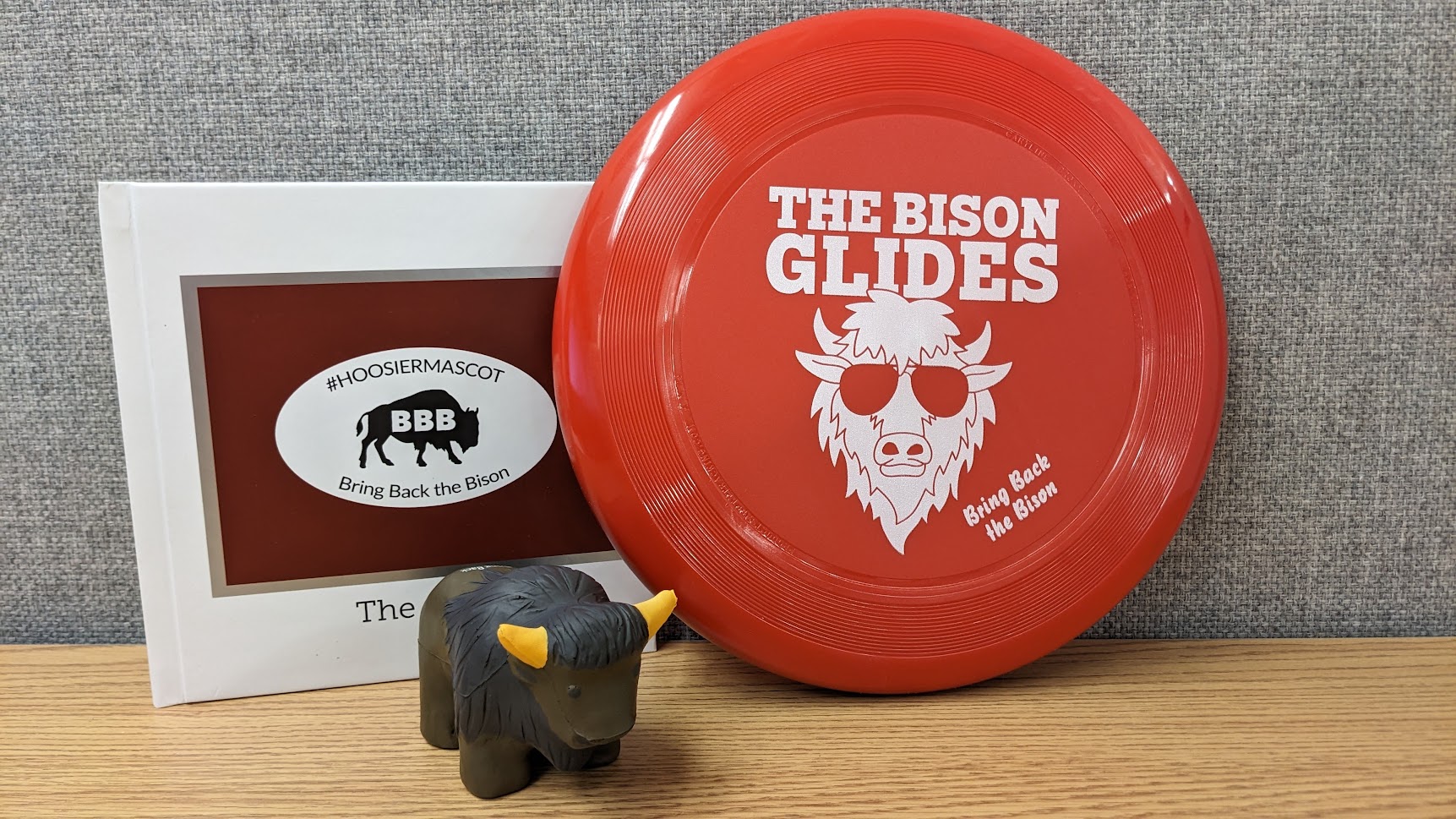 Photograph of a frisbee and stress relief ball all featuring the image of a bison