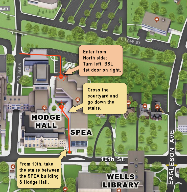 Map showing that you can access the Business/SPEA Library from 10th street or from the parking lot behind the building off of Fee Lane.