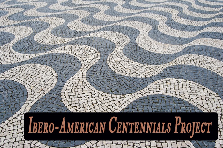 A wave pattern in shades of gray which might be a mosaic of some sort, with the text "Ibero-American Centennials Project." 