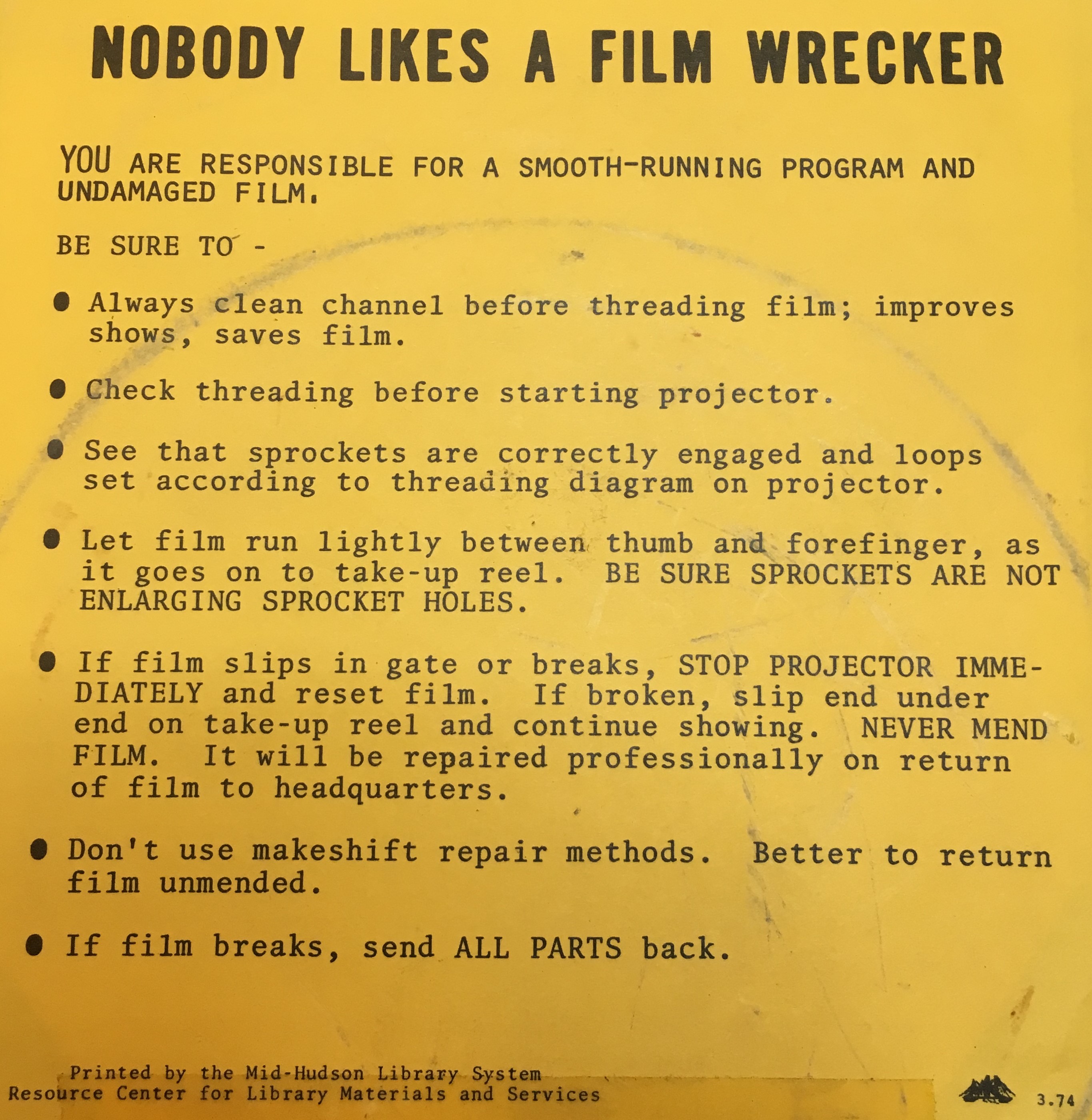 Archival flyer on handling motion potion film.