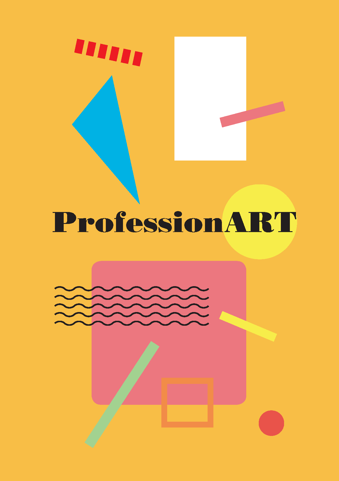 An abstract, colorful image. Squiggly lines, triangles, and boxes surround the word ProfessionART on a yellow background.