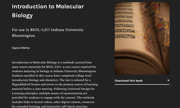 a screenshot of the Pressbook for a Molecular Biology Course, includes the cover image and abstract describing the resource