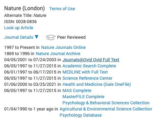 screenshot of Nature journal in online ejournal listings