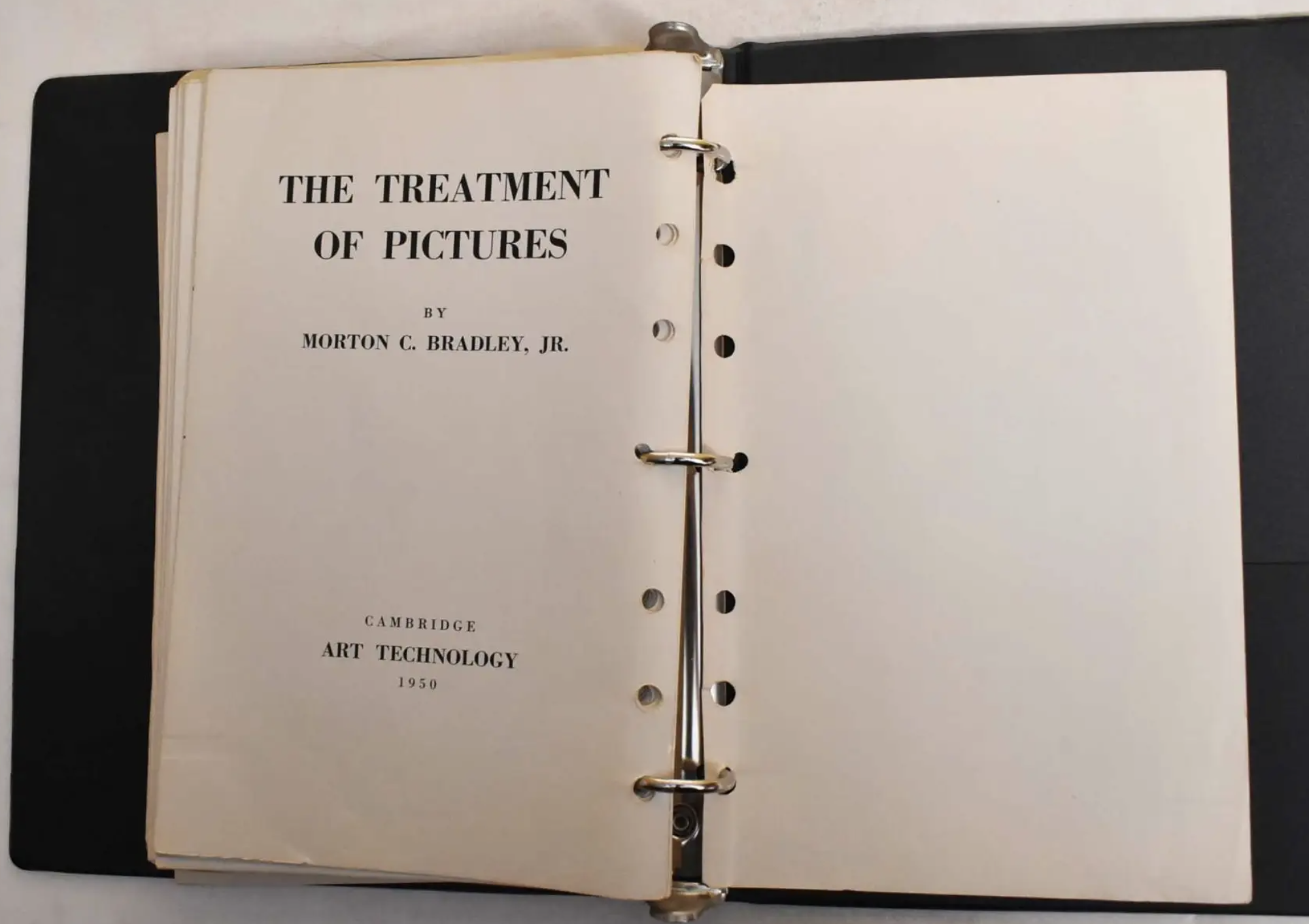 A loose leaf binder of hole-punched pages is open to a title page which reads The Treatment of Pictures by Morton C. Bradley Jr.