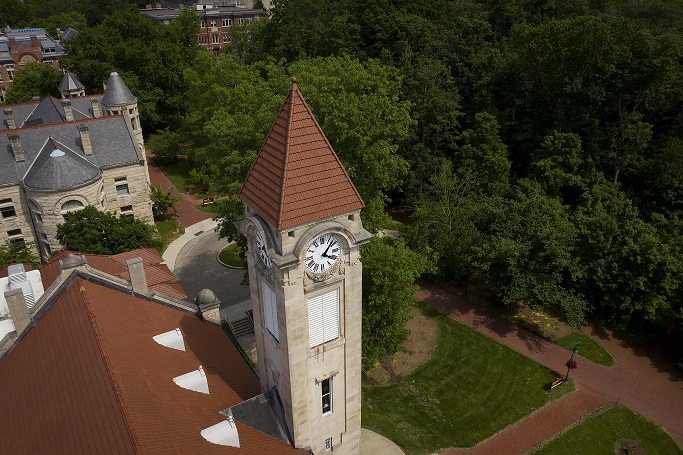 Aerial view of clock tower on the Student Building at IU Bloomingonn