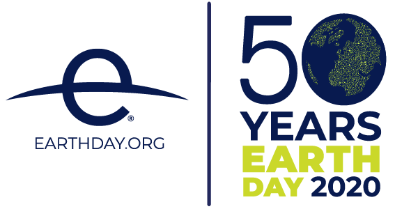 Left half of image features current Earth Day logo: a stylized lowercase "e" with a curve passing through the middle of the letter. Right half of the image reads "50 years Earth Day 2020."