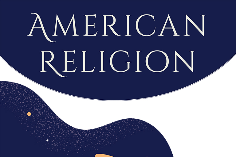 A cropped image of the top of a publication cover. The words American Religion are boldly printed on a blue background.