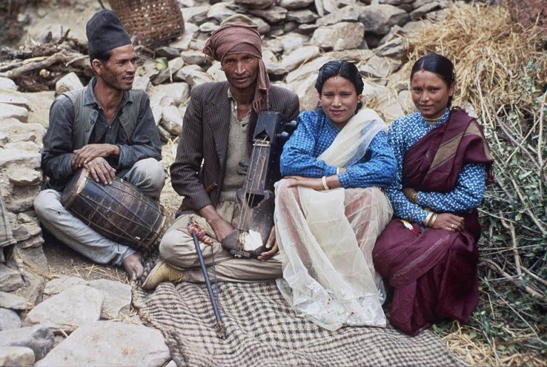 Badi musicians and dancers in Chainpur, Bajhang, Northeastern Nepal. January  1968. Photograph by Terence Bech.