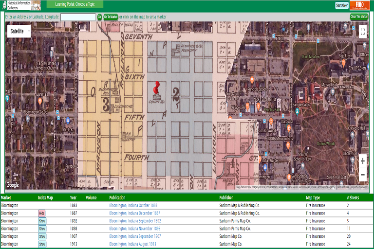 Example utilization of Fire Insurance Maps Online, showing a Sanborn insurance map georeferenced onto a Google Maps display of downtown Bloomington, Indiana.