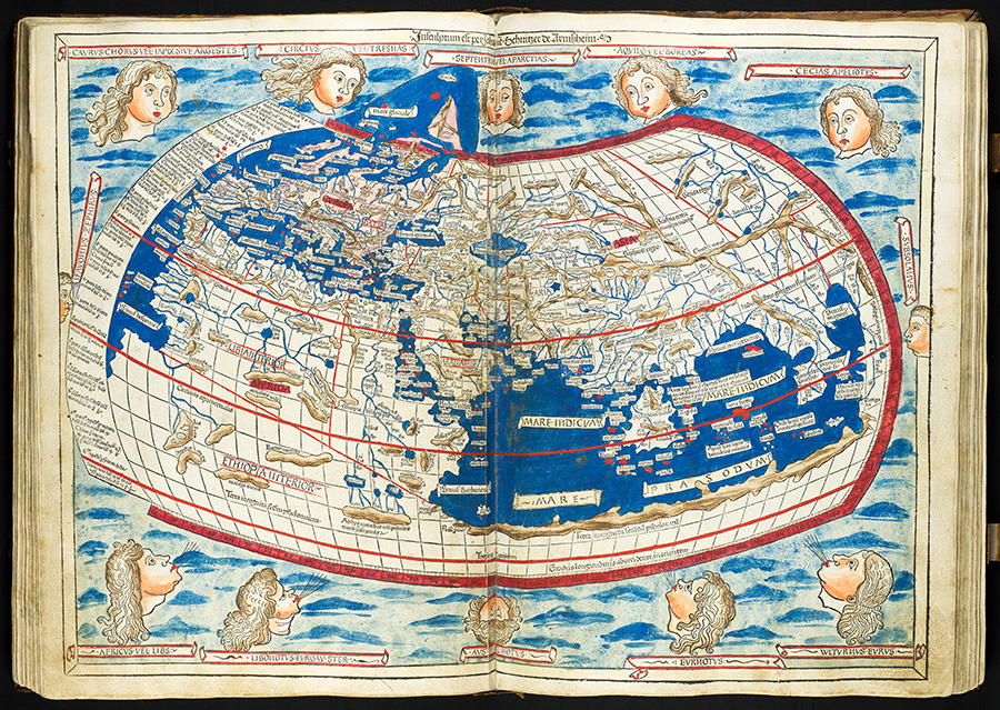 Hand-colored map of the world as it was known in the 15th century.