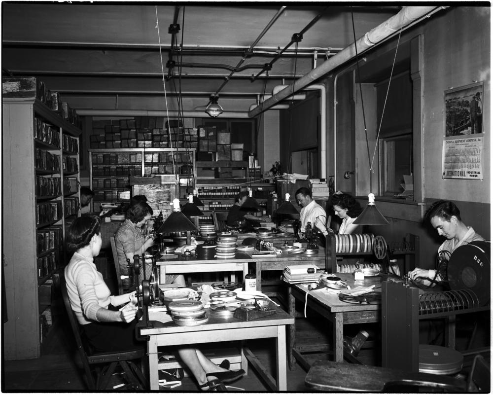 Black and white photograph of students in the IU Moving Image Archive.