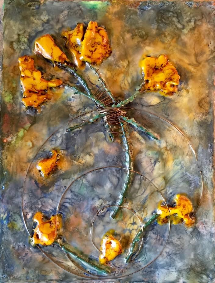 encaustic work in oranges and blues by Linda Helmick