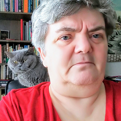 A comedic picture of a woman sitting at a home office desk, with a highly spirited grey Persian cat sitting on the top of the desk chair she's also using. 