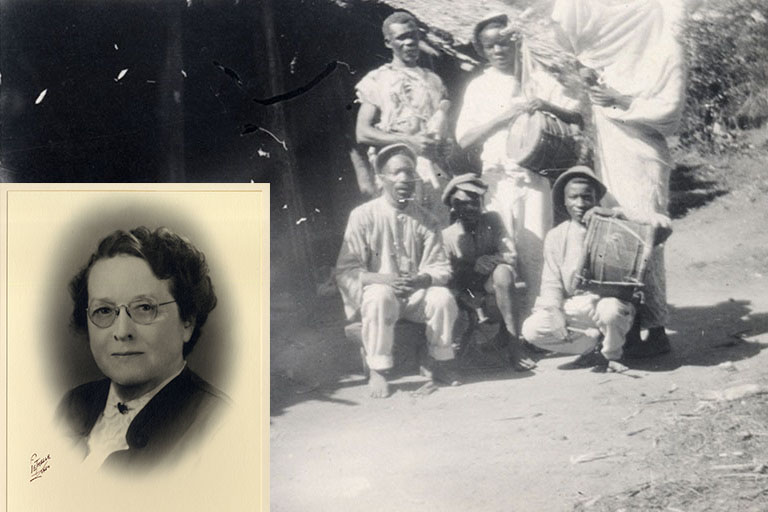 Collage showing Helen H. Roberts and Jamaican musicians.