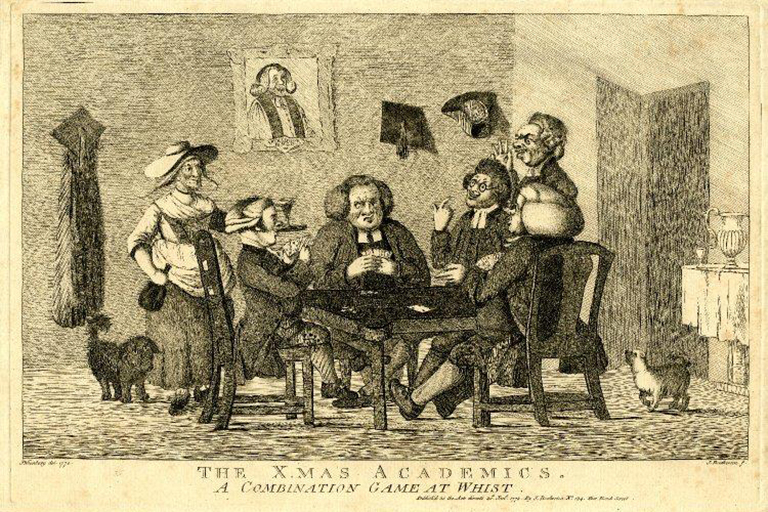 A scanned image is an 18th century satirical illustration showing cheating card players