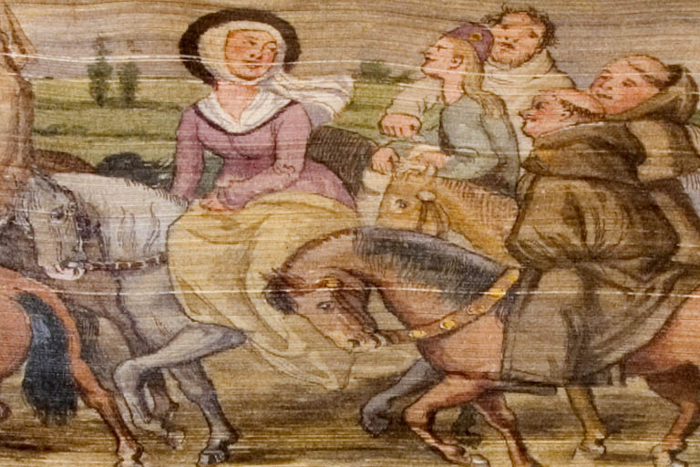 Painting of woman on horseback with other travelers