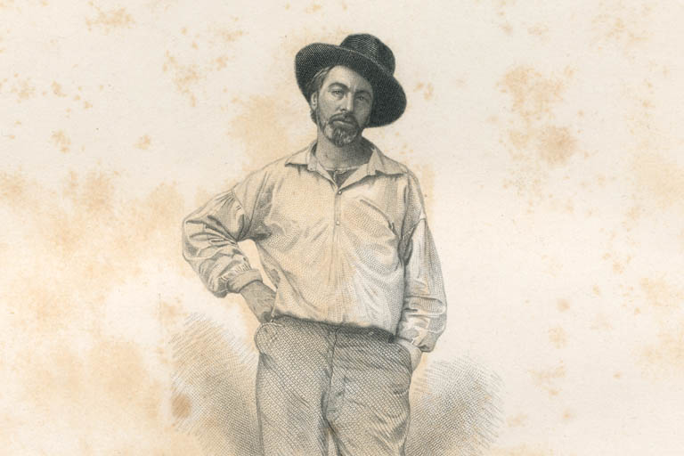 Portrait of Walt Whitman, in an open-necked shirt, one hand on his hip, hat cocked to the side