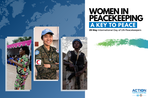 Website banner for the 2020 International Day of UN Peacekeepers. Banner shows three women peacekeepers in uniform. Text reads: "women in peacekeeping: a key to peace. 29 May International Day of UN Peacekeepers." 