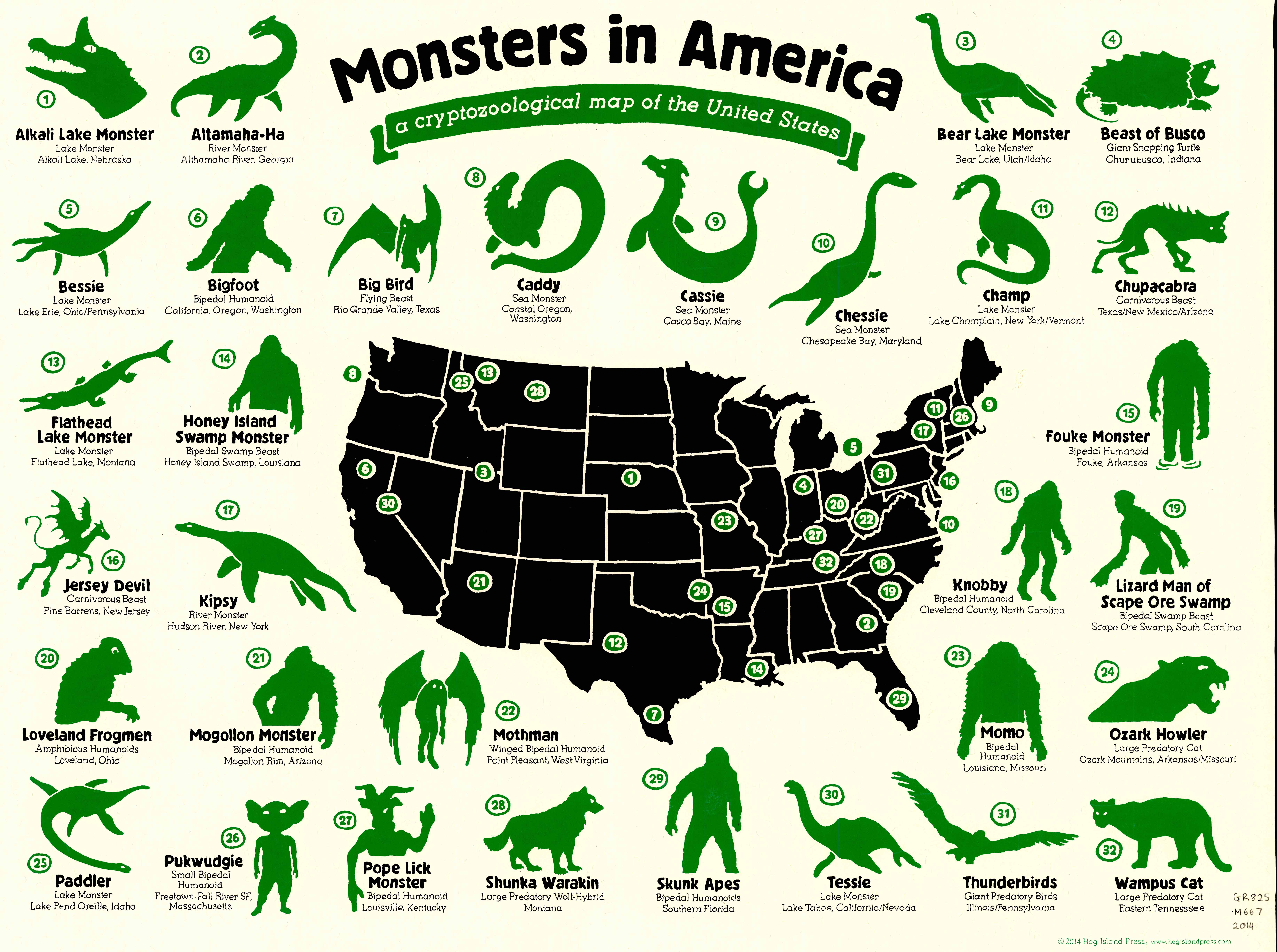 Map showing monsters and their locations in America
